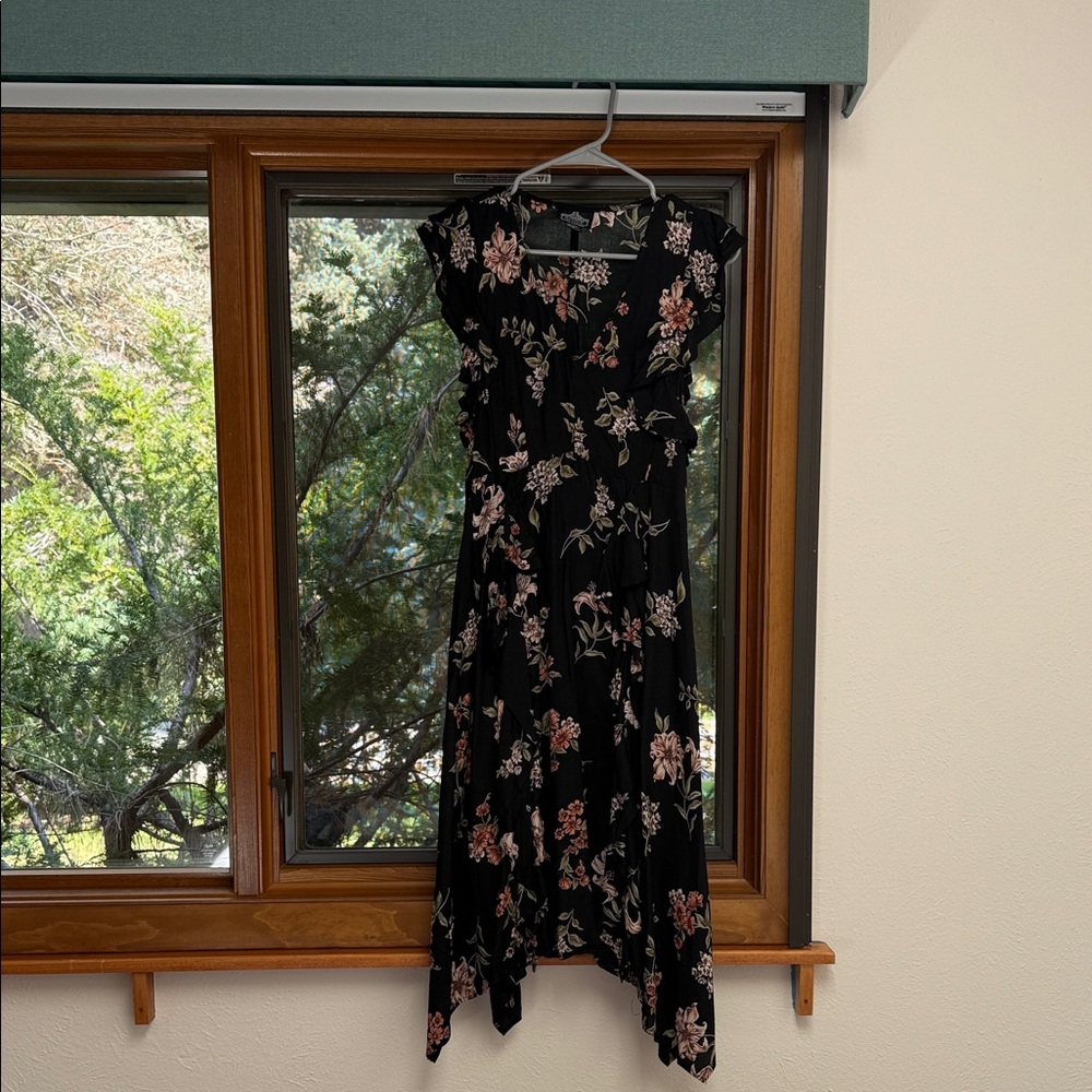 Angie Black Asymmetrical Dress with Pink Floral Pattern